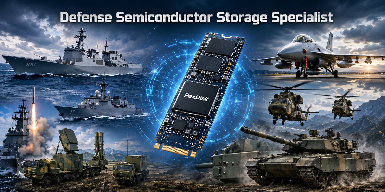 Defense Semiconductor Storage Specialist — PaxDisk SSD surrounded by destroyers, missiles, fighters, helicopters and tanks